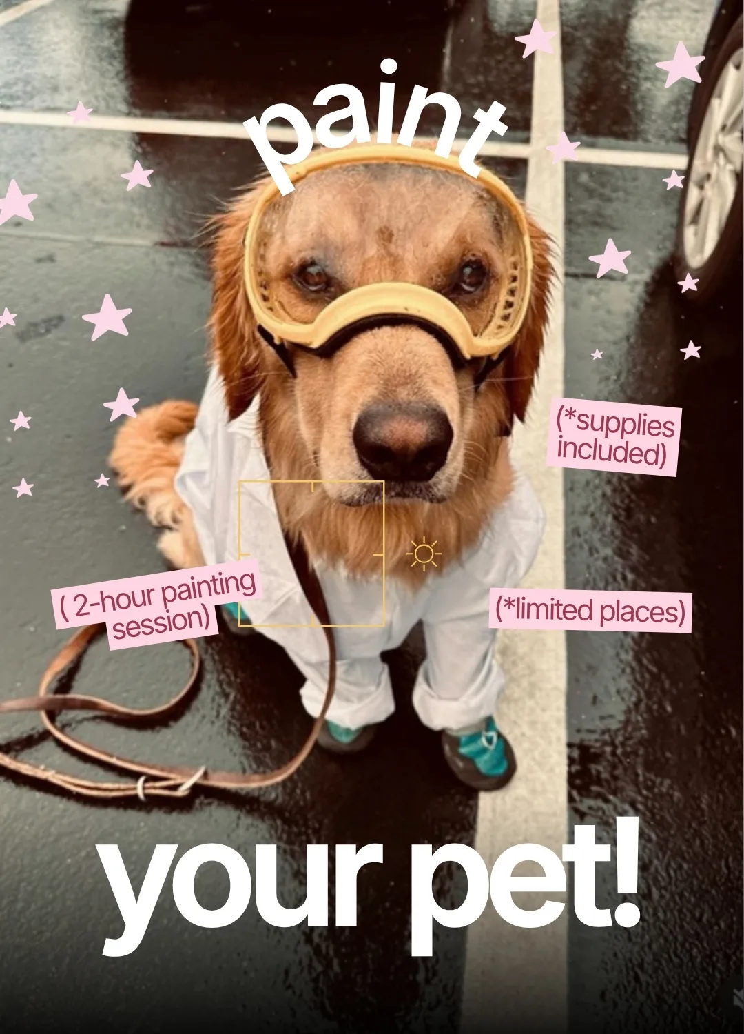 A golden retriever in goggles and a white painter's suit. Slide text: Paint your pet! (2-hour painting session) (*supplies included) (*limited places)