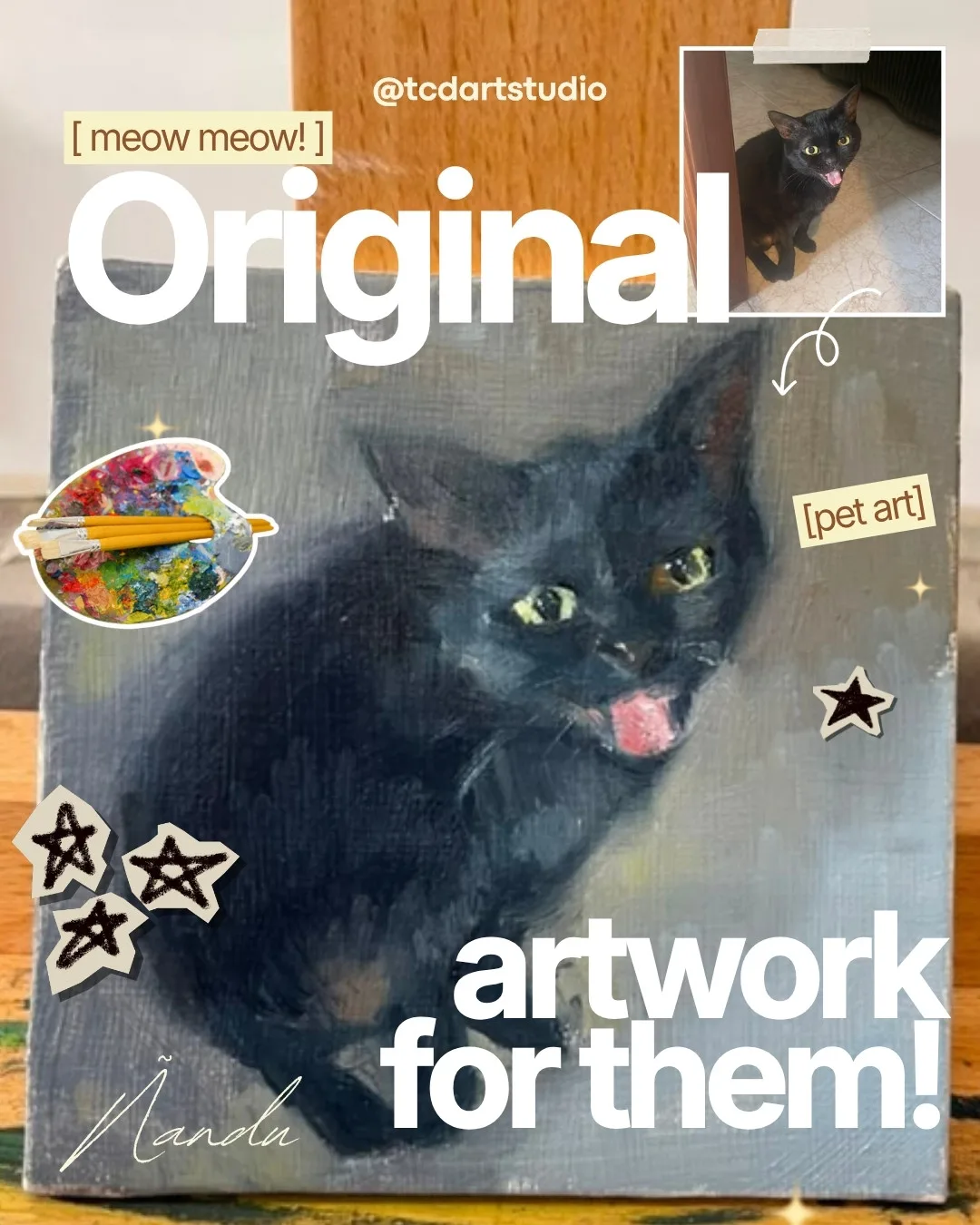 The finished oil painting of the black kitten on an easel. Slide text: Original artwork for them!