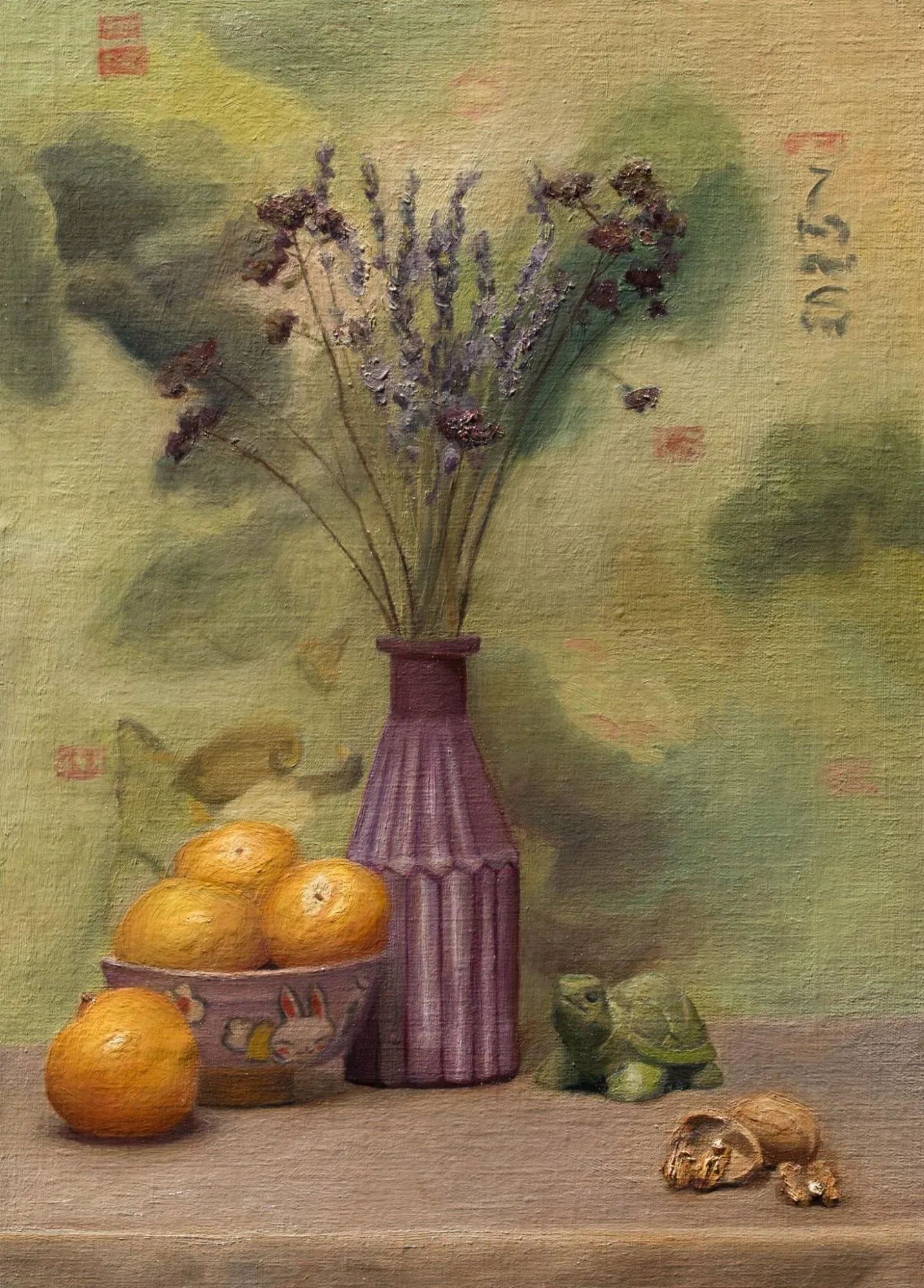 Robin and Squirrel, Oil on linen canvas, 2026 — T. Cheung-Damonte