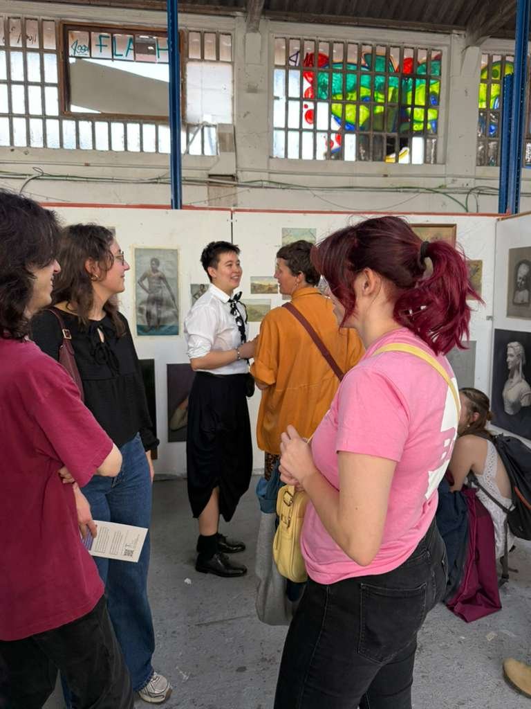 Contemporary paintings displayed in Barcelona artist studio during public exhibition