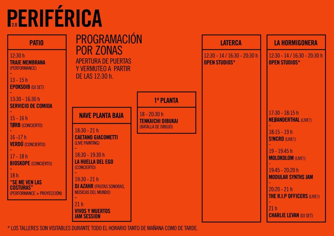 PERIFÉRICA 2.0 event schedule showing programming by zones - Patio, Nave Planta Baja, First Floor, Laterca and La Hormigonera with detailed timetable of performances, concerts, DJ sets and open studios