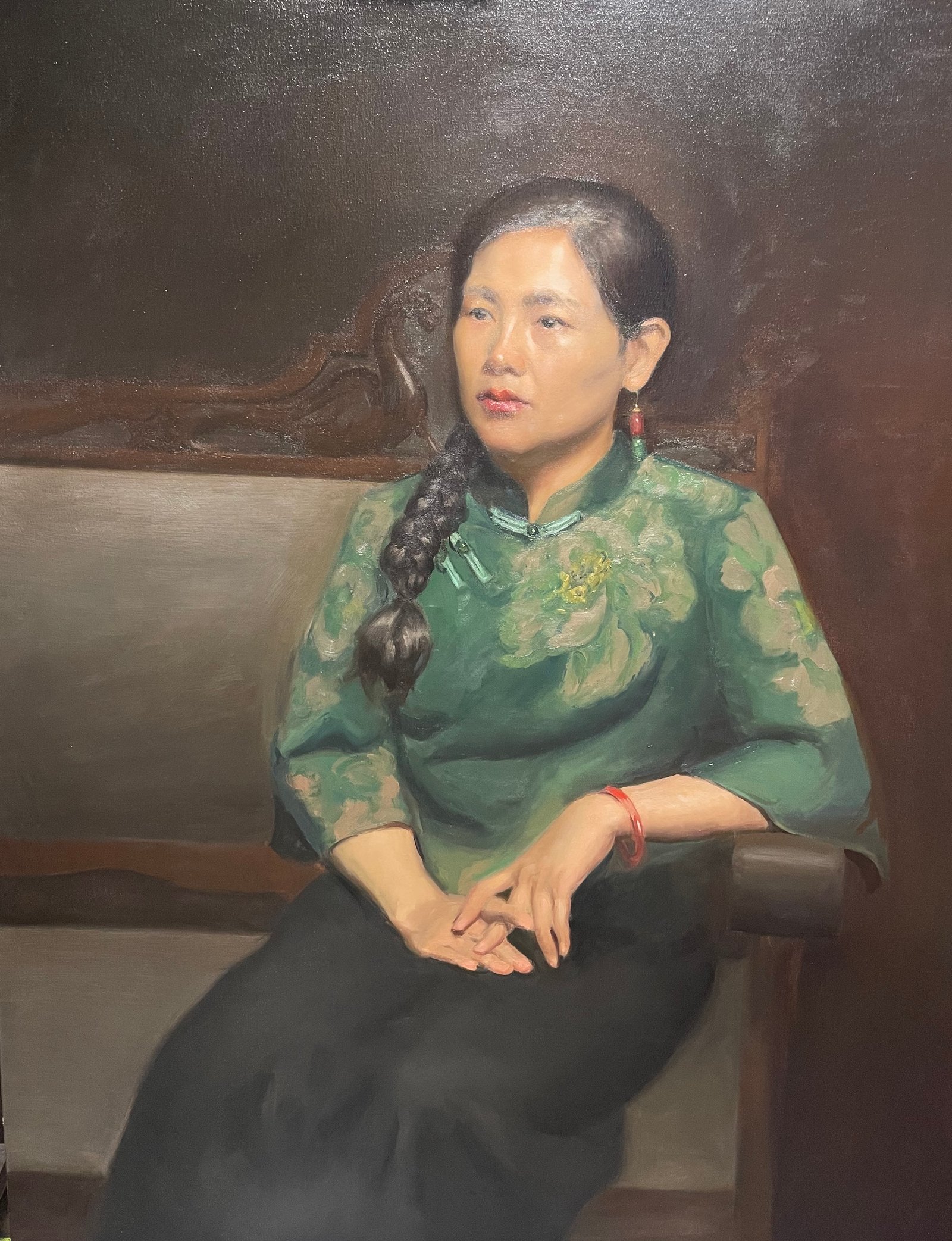 Large scale contemporary portrait oil painting combining classical technique with modern sensibility