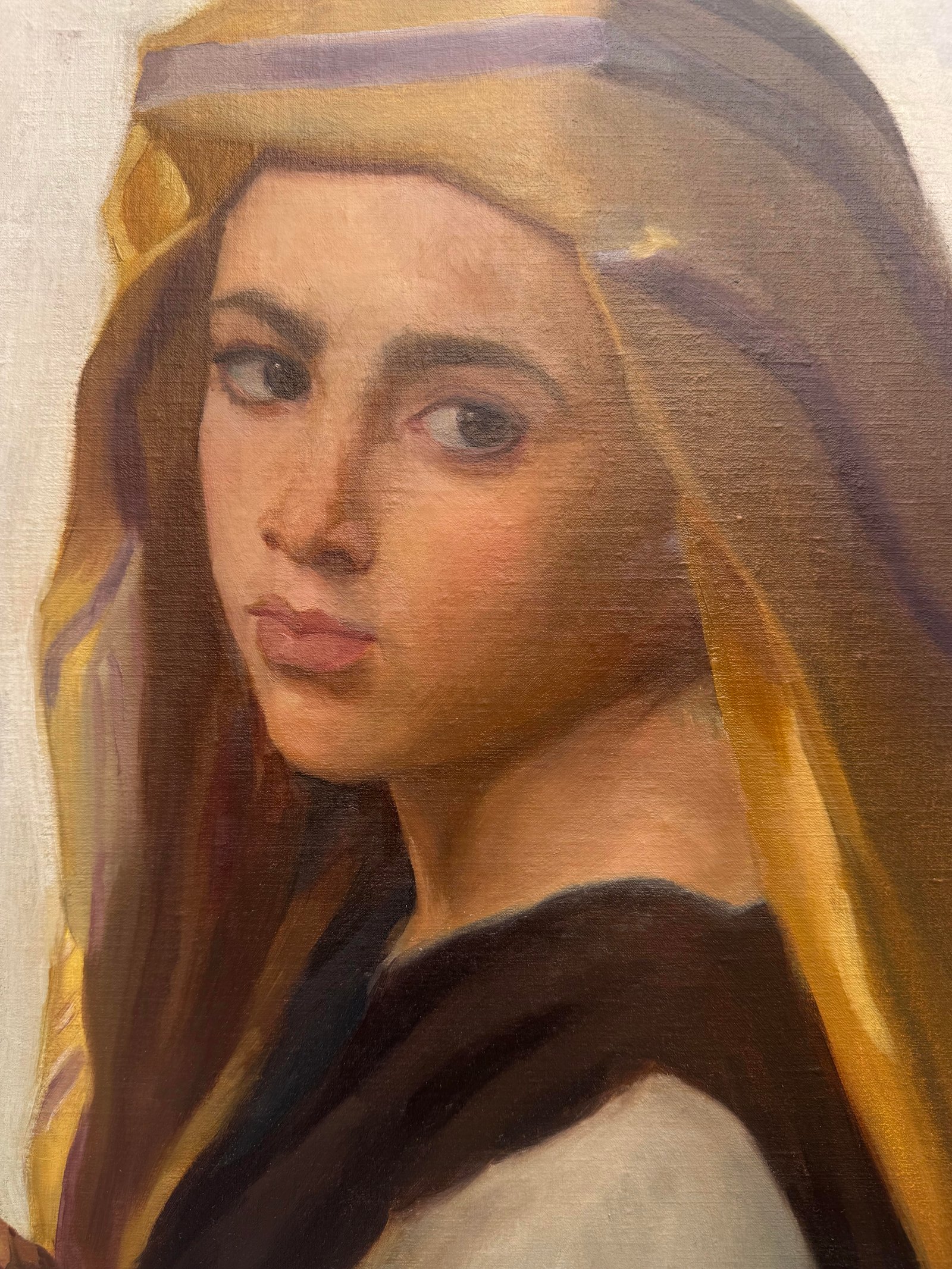Classical portrait oil painting of young woman in traditional style, Barcelona Academy of Art technique example
