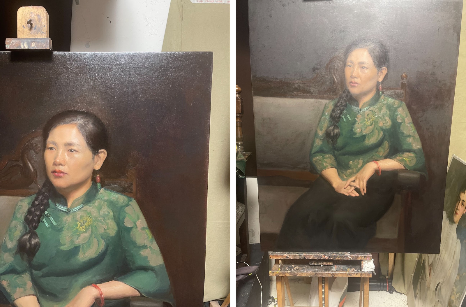 The finished portrait of Jie — two views of the completed painting on the easel