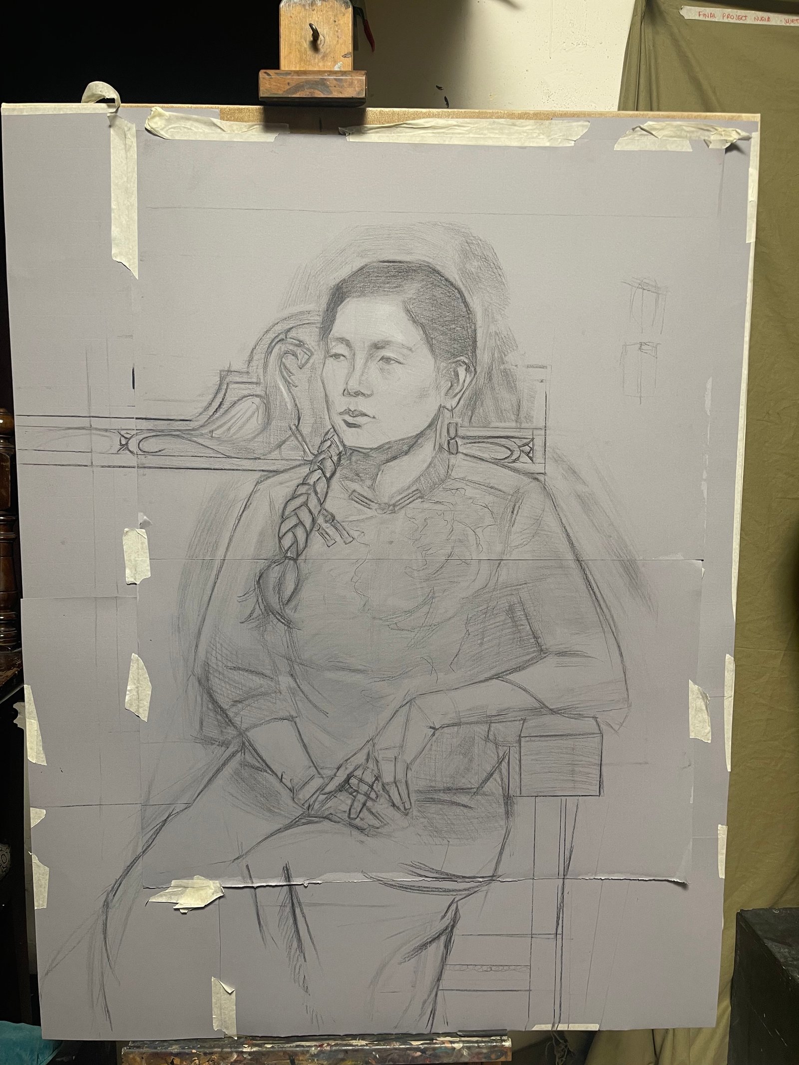 Full-scale pencil underdrawing of Jie on toned canvas, taped to the painting board